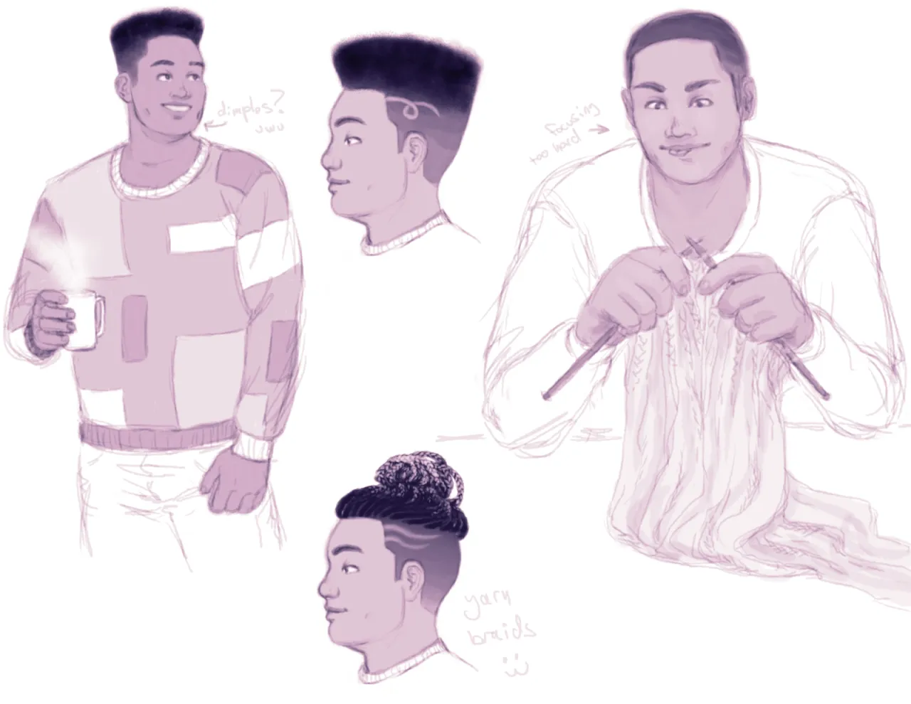 Sketches of the unreleased FujoGuide character [Redacted]. He has a thicc build, a medium-dark skin tone, and tightly curled black hair shown in different styles. On the left is a nearly full-body drawing of him wearing a patchwork sweater, smiling, with a flat top hair style, and holding a steaming mug. The artist’s notes read “dimples? uwu”. In the middle are two side profiles with hair ideas: the top one has a flat top with fade hair style and the bottom one has box braids on top with a fade. The artist’s notes read “yarn braids :3”. On the right is a drawing of him knitting with his elbows on the table and his tongue sticking out in focus mode. He is wearing a white long-sleeve shirt and a very short hairstyle. The artist’s notes read “focusing too hard”.