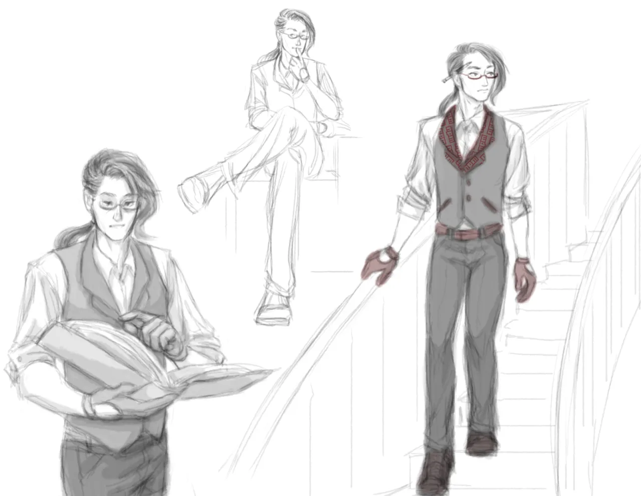Sketches of the unreleased FujoGuide character [Redacted]. He has a thin build, a light skin tone, and long hair swept to one side and gathered in a ponytail. He is neatly dressed in a button down shirt, collared vest, dress pants, driving gloves, and oval bottom rim glasses. On the left, he is holding and reading a large book. In the middle, he is sitting cross-legged and looking thoughtful with a finger on his lips. On the right, he is walking down a grand staircase with one hand on the railing and a pencil behind his ear.